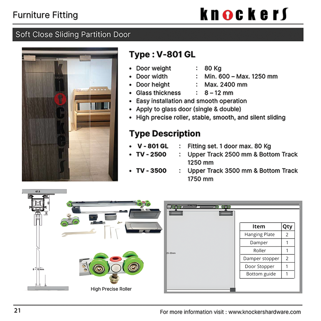 Soft Close Sliding Partition Door (Glass Series Type : V-801 GL)