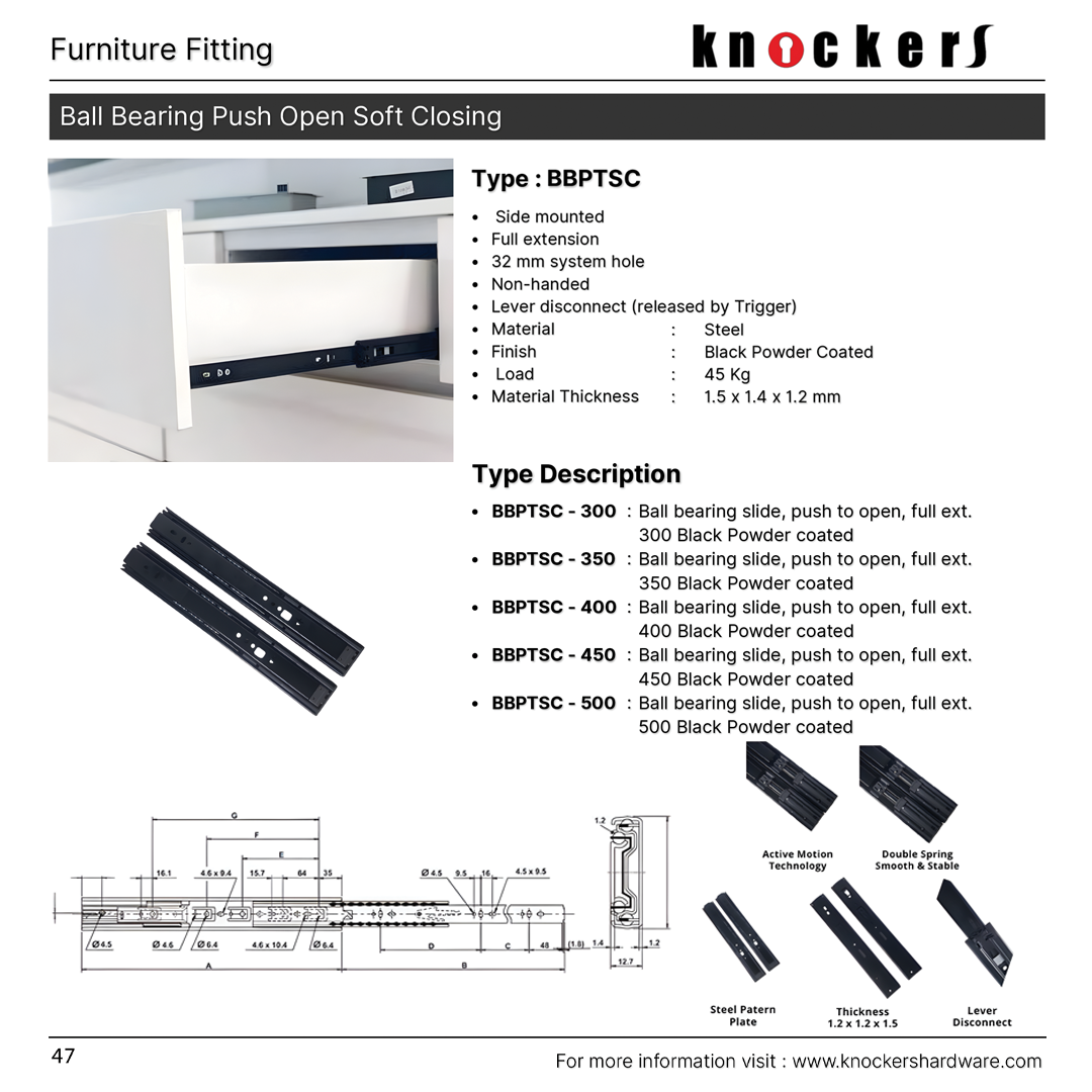 Ball Bearing Push Open Soft Closing (Type: BBPTSC)