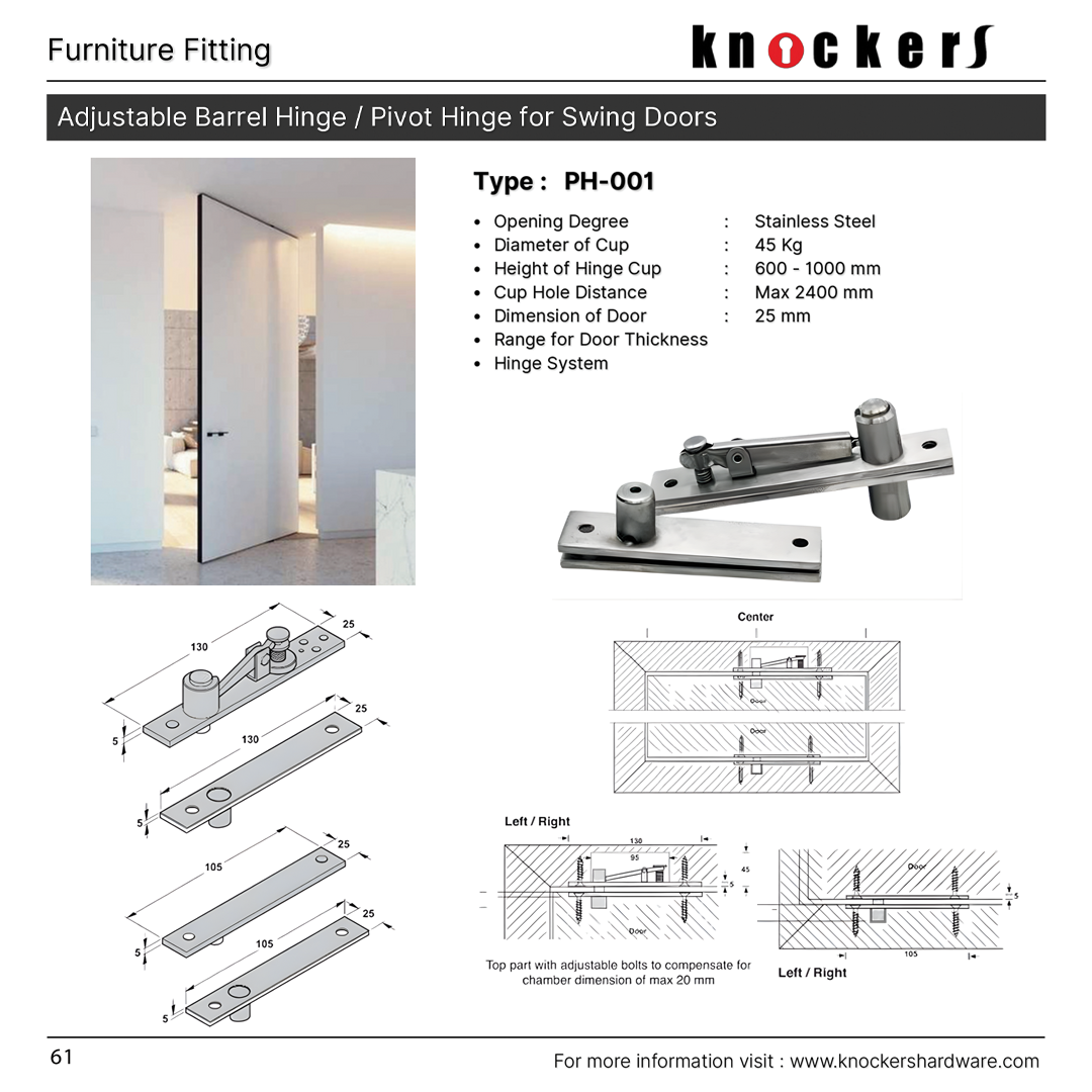 Adjustable Barrel Hinge / Pivot Hinge for Swing Doors