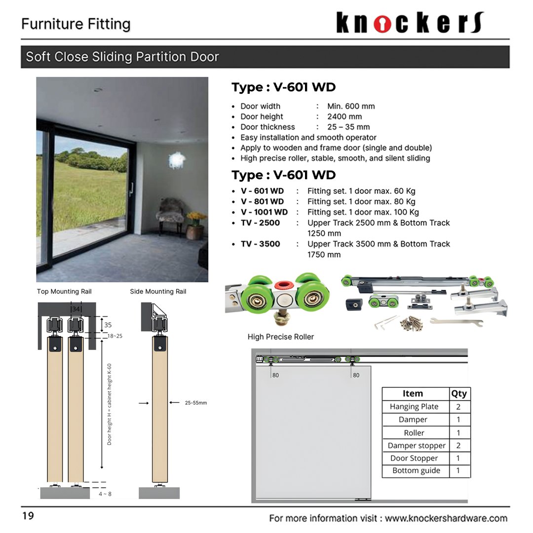 Soft Close Sliding Partition Door ( Type : V-601 WD )