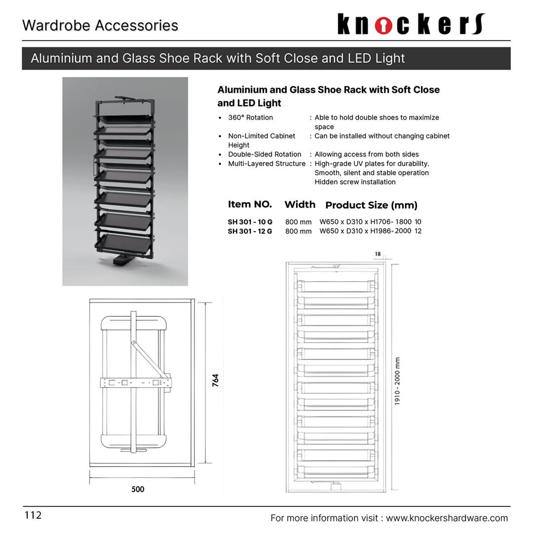 Aluminium and Glass Shoe Rack with Soft Close and LED Light